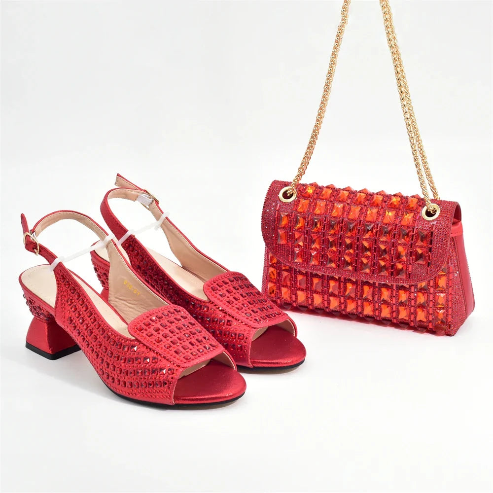Elegant women's Italian shoe and bag set featuring rhinestone decoration, perfect for parties and weddings, available in sizes 38-43.