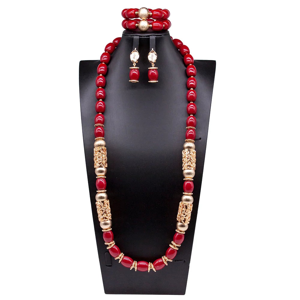 Elegant close-up of the luxury artificial coral necklace from the African beads jewelry set, highlighting intricate details and vibrant colours.