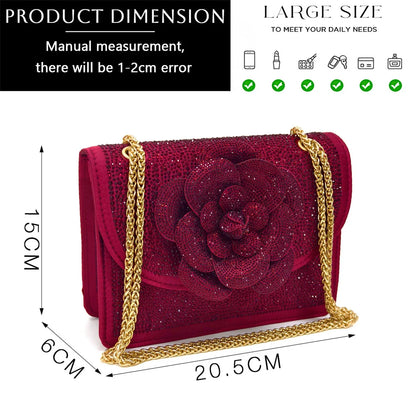 Elegant women's pointed-toe pump and bag set featuring a stunning large flower and rhinestone embellishment, perfect for special occasions.