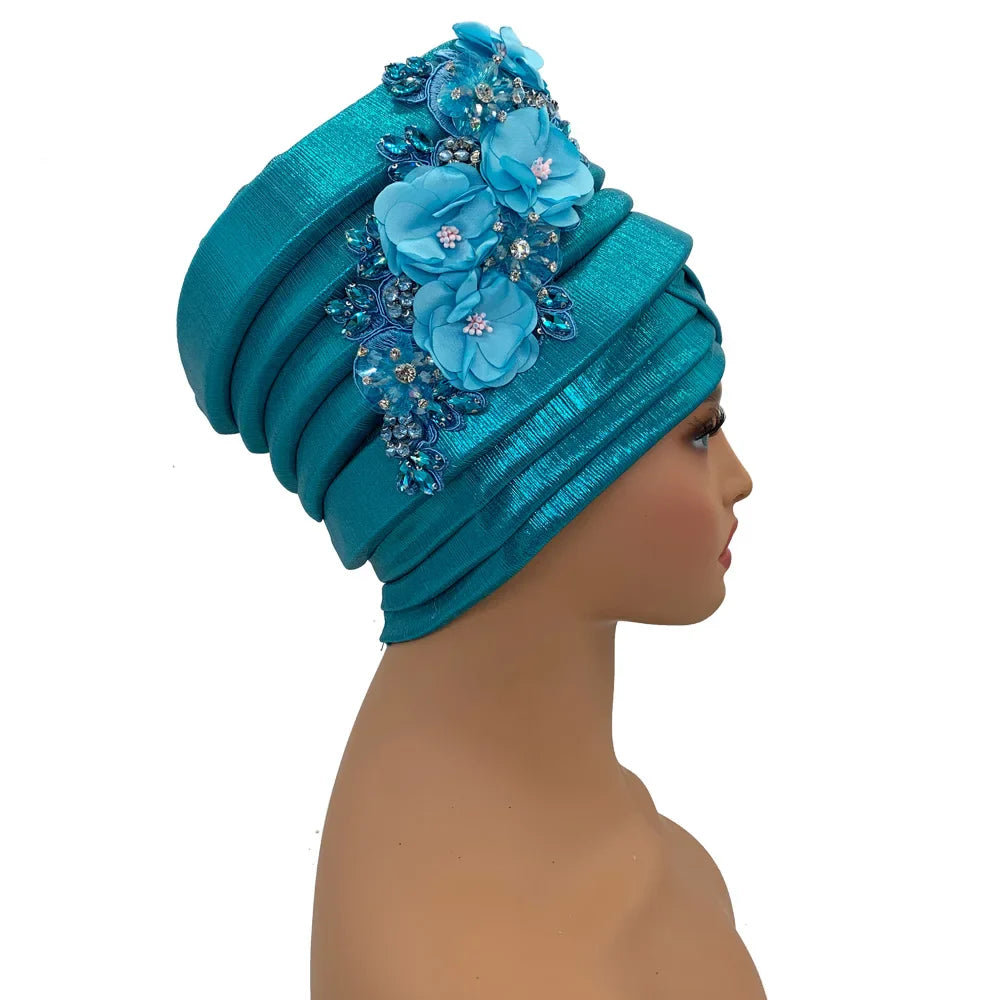Luxurious African women's turban cap adorned with a diamond flower design, perfect for elegant occasions.
