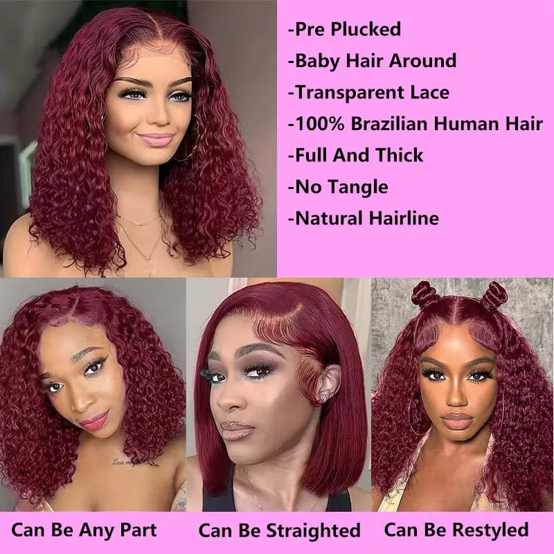 Model showcasing the exquisite 99J Burgundy short deep wave bob wig, featuring high-definition lace frontal and soft, luxurious curls.