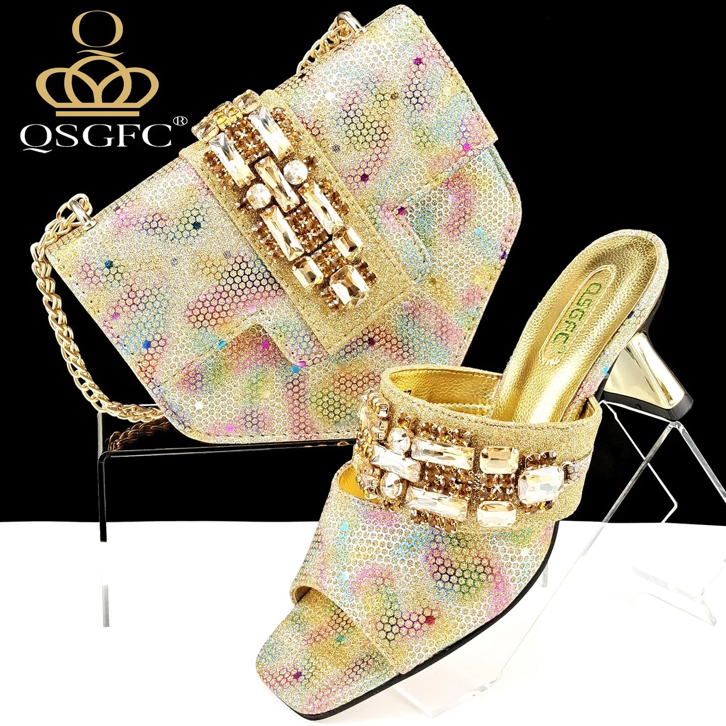 Elegant QSGFC gold women’s high heel pumps with crystal detail, perfect for parties, showcasing a luxurious design and comfort, available in sizes 38-43.