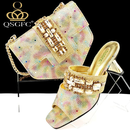 Elegant QSGFC gold women’s high heel pumps with crystal detail, perfect for parties, showcasing a luxurious design and comfort, available in sizes 38-43.