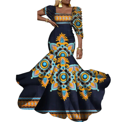 Elegant long African dress in rich colours, tailored from high-quality cotton, perfect for formal occasions and casual gatherings.