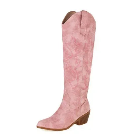 Chic brown PU leather boots showcasing a knee-high silhouette with a pointed toe, embodying a modern cowboy aesthetic for women, available in various sizes from 33 to 49.