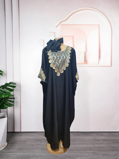 Stylish model wearing a beautiful African traditional clothing caftan dress, ideal evening party wear that seamlessly combines elegance and cultural heritage.