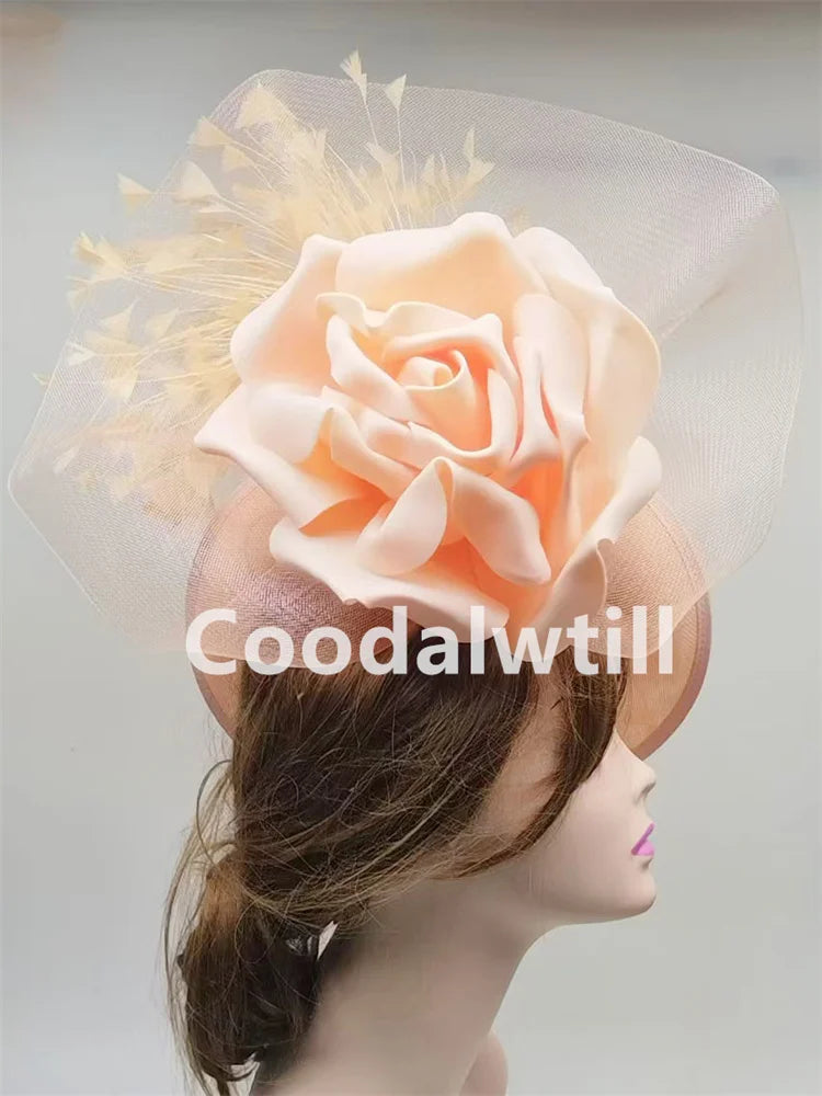 Sophisticated women’s headpiece adorned with a large floral accent, designed for elegance at events like weddings and parties.