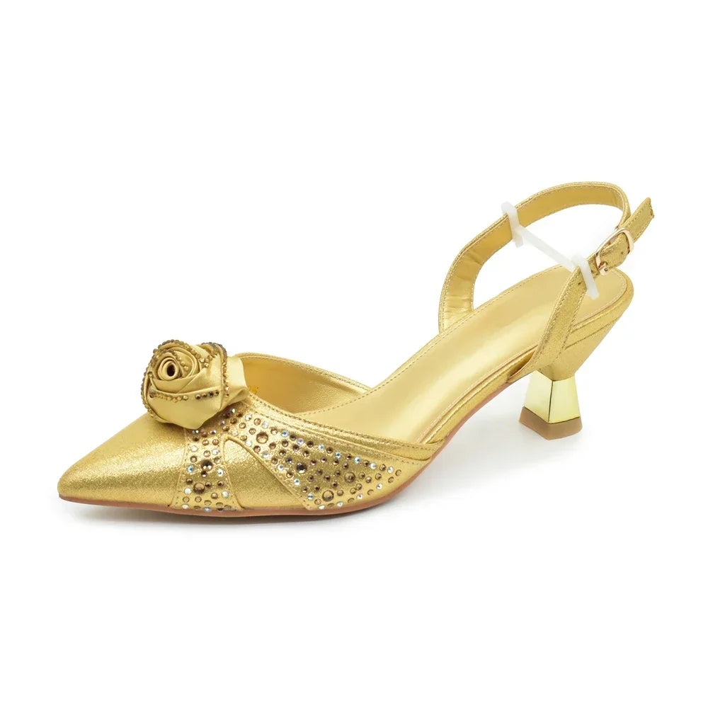 Luxurious women's Italian shoe set with vibrant colour options - Gold, T.Blue, Wine, Purple, and Coffee, ideal for elevating party outfits.