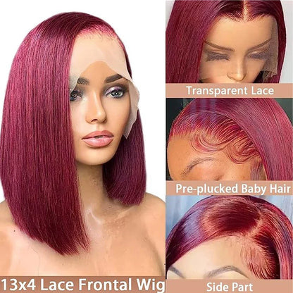 Stylish model wearing the Luxury 99J Burgundy 100% Human Hair Bob Wig, highlighting its chic bob style and vibrant colour for a sophisticated appearance.