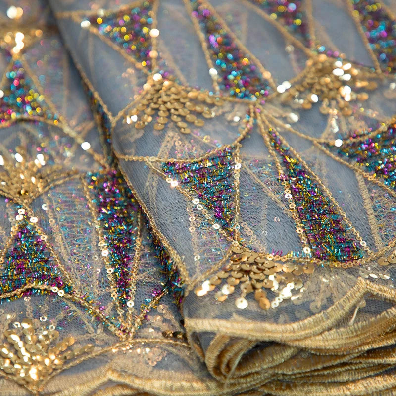 Luxurious Kalume high-quality African lace fabric embellished with sequins, perfect for elegant party and wedding dresses.