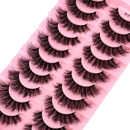 Ten pairs of exquisite faux mink eyelashes in various styles, displaying their fluffiness and dramatic design for a sophisticated makeup enhancement.