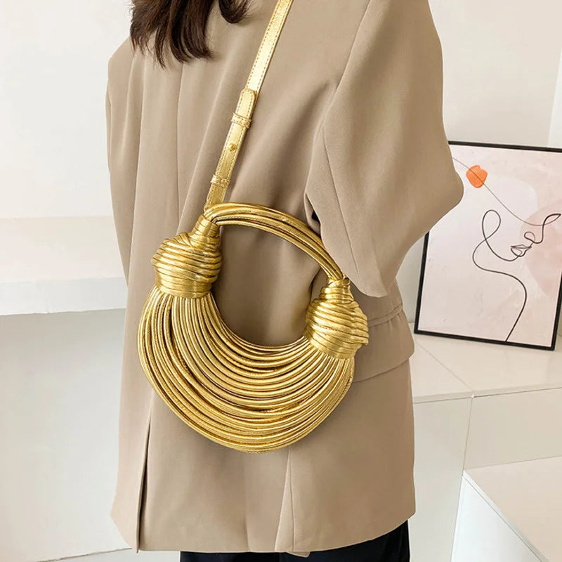 Elegant Luxury Handwoven Gold Handbag, showcasing a chic pulled design and intricate rope knots, perfect for sophisticated outings.