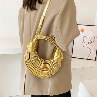 Elegant Luxury Handwoven Gold Handbag, showcasing a chic pulled design and intricate rope knots, perfect for sophisticated outings.