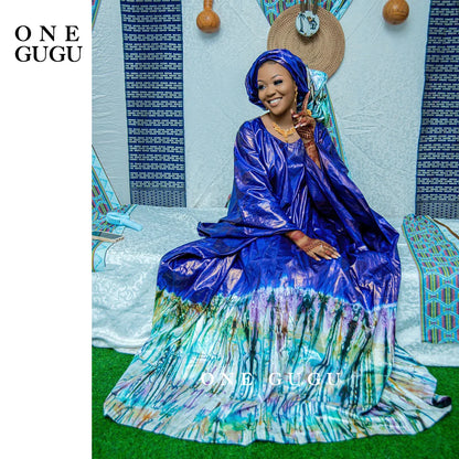 Luxurious Premium Nigerian Bazin Riche Dashiki Gown in Blue, showcasing intricate embroidery lace details and elegant shawl, perfect for special occasions.