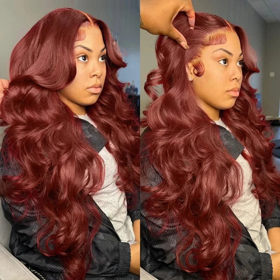 Glamorous Brazilian human hair lace wig with 13x6 frontal and natural body wave, falling gracefully in rich #33 auburn reddish brown colour.