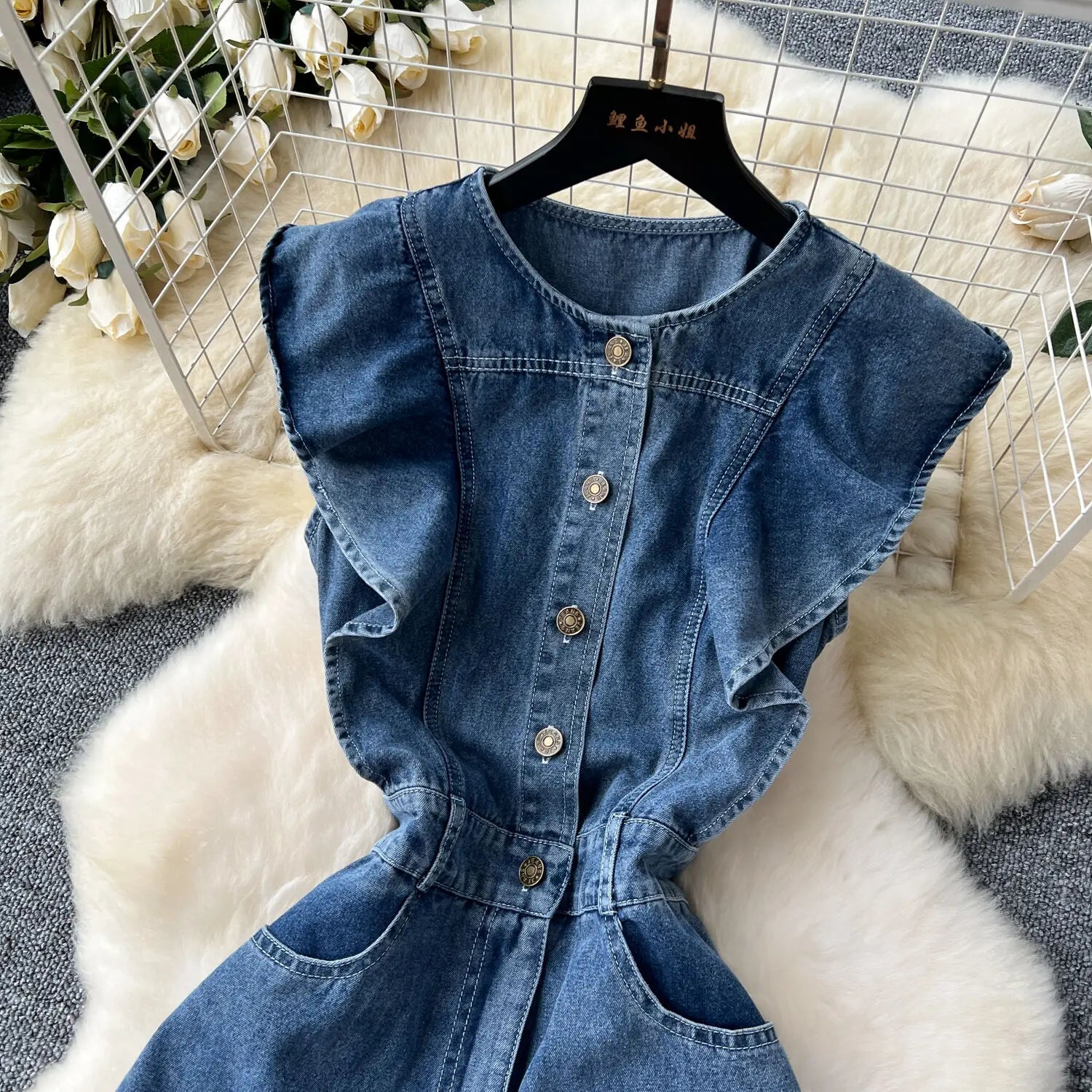 WTHT Women's Ruffled Edge Sleeveless Denim Long Dress showcasing an elegant O-neck design and pleated mid-calf style, perfect for autumn/winter casual luxury.