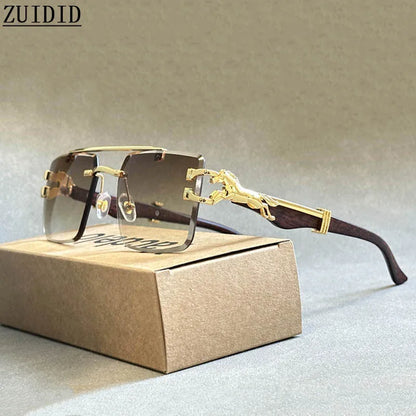 Luxury square rimless sunglasses for men and women showcasing trendy fashion eyewear with UV400 protection and gradient lenses.