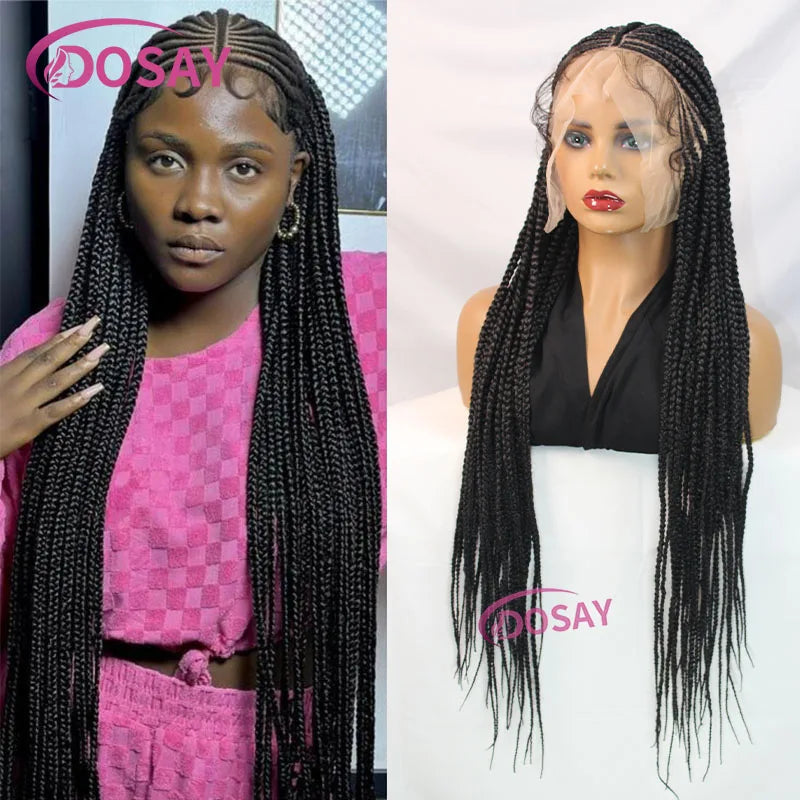 Stylish close-up of the 32" Full Lace Knotless Braided Wig showcasing intricate braids and high-quality Swiss Lace craftsmanship.