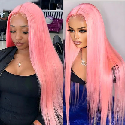 Sophisticated long pink lace front wig with pre-plucked hairline, glueless design, and Swiss lace base for effortless wear and stunning beauty.