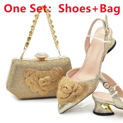 Chic sky blue women's shoe and bag matching set adorned with rhinestones, designed for elegance and sophistication at weddings and parties.