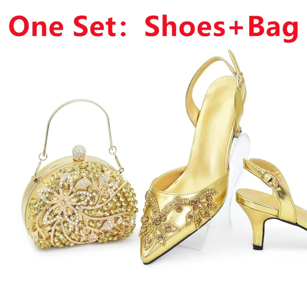 Sophisticated pointed toe Italian women's high heel shoes in rich champagne colour, paired elegantly with a matching bag.