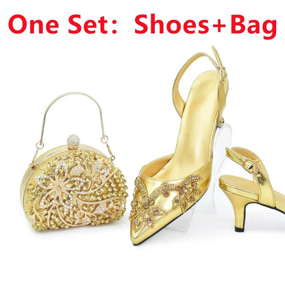 Sophisticated pointed toe Italian women's high heel shoes in rich champagne colour, paired elegantly with a matching bag.