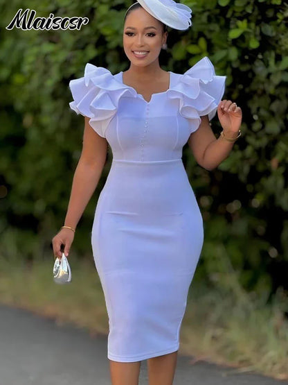 Elegant Mlaiscsr Women's Midi Dress showcasing a stylish square neckline adorned with ruffles, perfect for office wear.