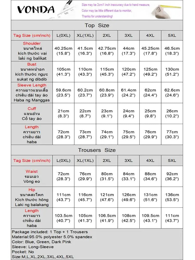 Refined Plus Size 5XL VONDA Casual Clothing Set, designed for comfort and style with a loose fit Long Sleeve Shirt and Elastic Pants, suitable for casual outings.