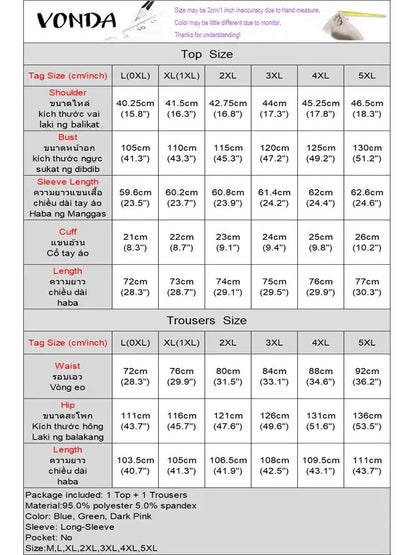 Refined Plus Size 5XL VONDA Casual Clothing Set, designed for comfort and style with a loose fit Long Sleeve Shirt and Elastic Pants, suitable for casual outings.