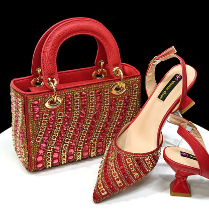 Stylish handbag set, beautifully matched with rhinestone embellished Italian shoes, ideal for formal occasions and upscale events.