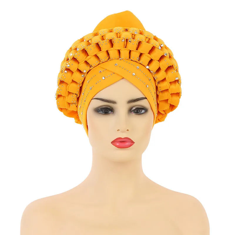 Fashionable African Turban Cap featuring a sparkling design, crafted from high-quality polyester, suitable for women seeking luxury and style.