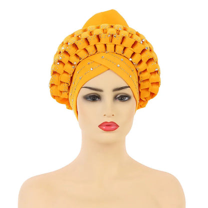 Fashionable African Turban Cap featuring a sparkling design, crafted from high-quality polyester, suitable for women seeking luxury and style.