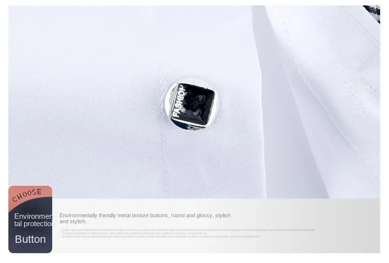 Close-up detail of men's cotton button-down dress shirt with square collar and solid fabric pattern, perfect for smart casual occasions.