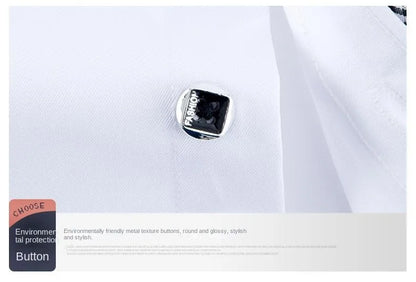 Close-up detail of men's cotton button-down dress shirt with square collar and solid fabric pattern, perfect for smart casual occasions.