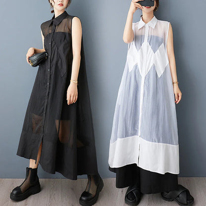 Graceful full view of the NYFS Loose Plus Size Organya Splicing Sleeveless Dress in solid white, perfect for middle-aged women seeking a luxurious yet casual outfit for warm weather occasions.