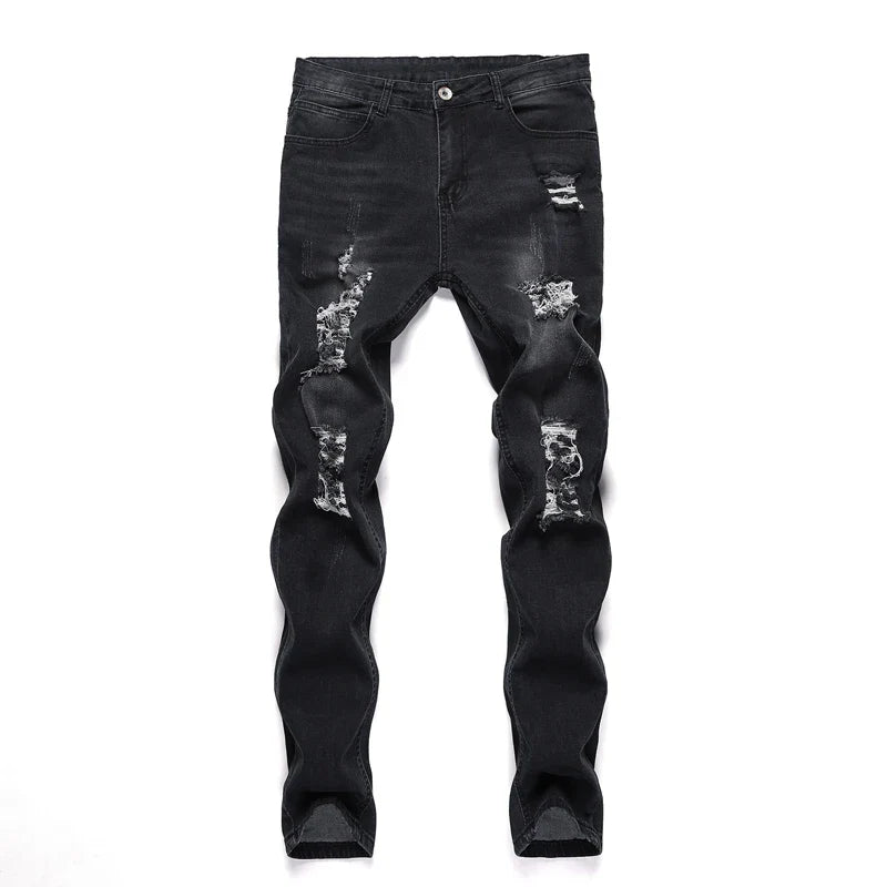 Models displaying luxury men's casual slim fit pencil pants in vintage stonewashed denim, setting a stylish trend in modern men's fashion.