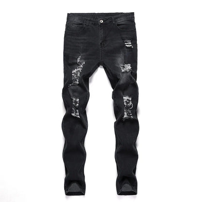 Models displaying luxury men's casual slim fit pencil pants in vintage stonewashed denim, setting a stylish trend in modern men's fashion.