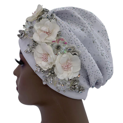 Stylish women's turban cap featuring shimmering rhinestones, ideal for a chic and trendy look, suitable for head circumference 56-58cm.