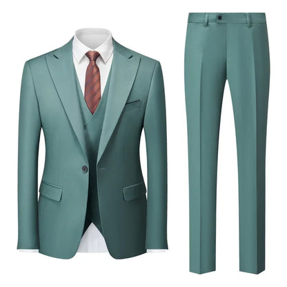 Men's business suit trousers in matching fabric, featuring zipper fly closure and sleek silhouette, designed for a modern and refined appearance.