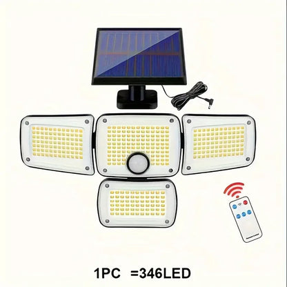 346 LED Waterproof Solar Wall Light with Motion Sensor, featuring 4 heads, ideal for enhancing security in gardens and garages, designed with modern elegance and energy efficiency.
