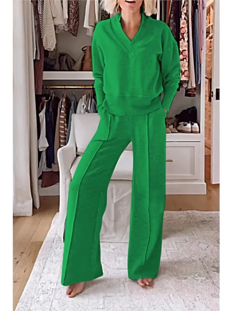 Elegant Women's Autumn Winter V-Neck Long Sleeve Casual Set showcasing luxurious wide leg pants with pockets.