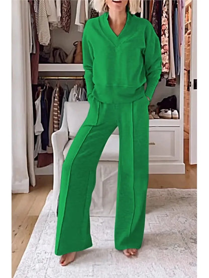 Elegant Women's Autumn Winter V-Neck Long Sleeve Casual Set showcasing luxurious wide leg pants with pockets.