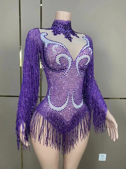 Artistic layout of the luxury women's cha-cha dance suit, emphasising the combination of rich materials and sophisticated fringe embellishments perfect for performances.