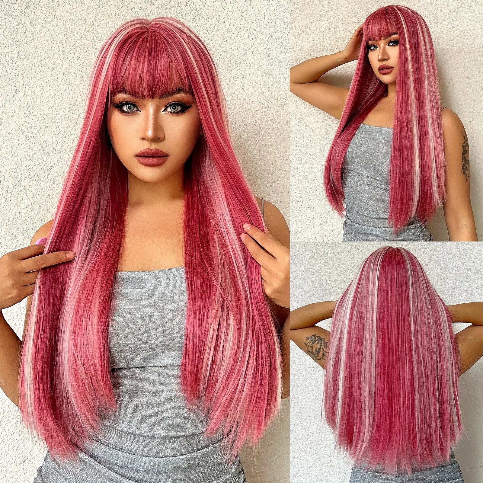 Beautiful woman wearing a luxurious black and red straight synthetic wig, ideal for parties and cosplay events.