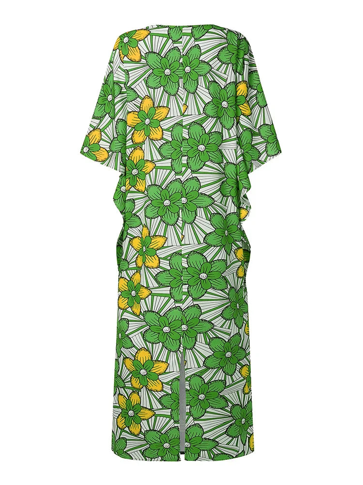 Sumptuous plus size women's bohemian summer dress with ankle-length design and elegant batwing sleeves, perfect for leisurely outings.