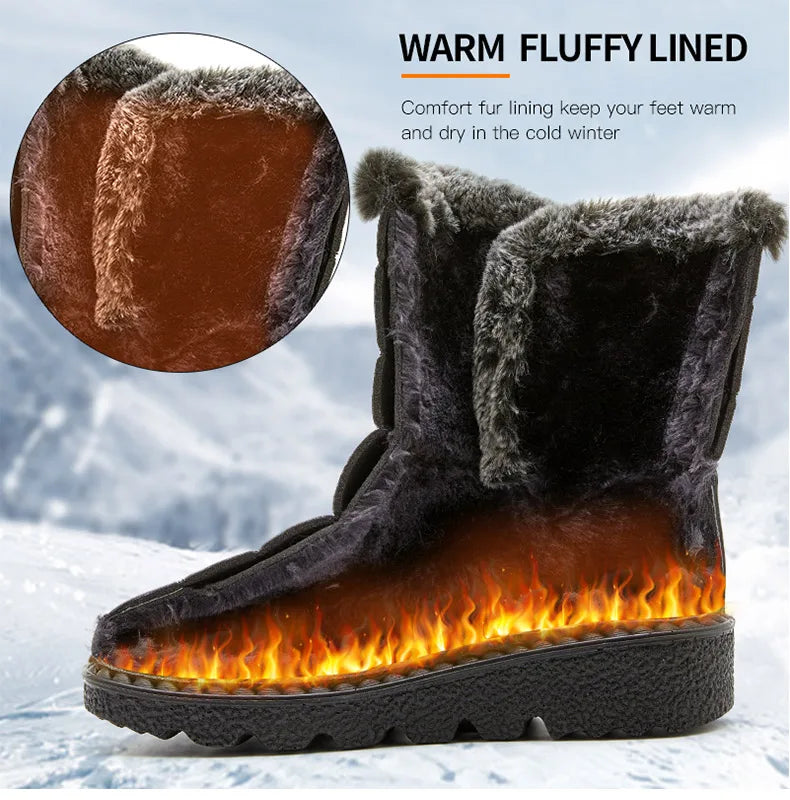 Elegant luxury women's waterproof ankle snow boots with plush fur lining, perfect for winter fashion, displayed in a stylish snowy outdoor setting.