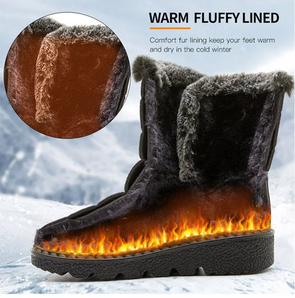 Elegant luxury women's waterproof ankle snow boots with plush fur lining, perfect for winter fashion, displayed in a stylish snowy outdoor setting.
