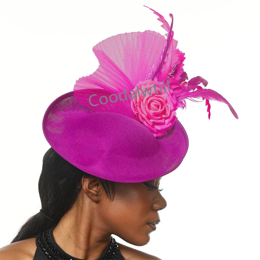 Fashionable fascinator headwear for women, showcasing a rich polyester fabric and sophisticated design elements.