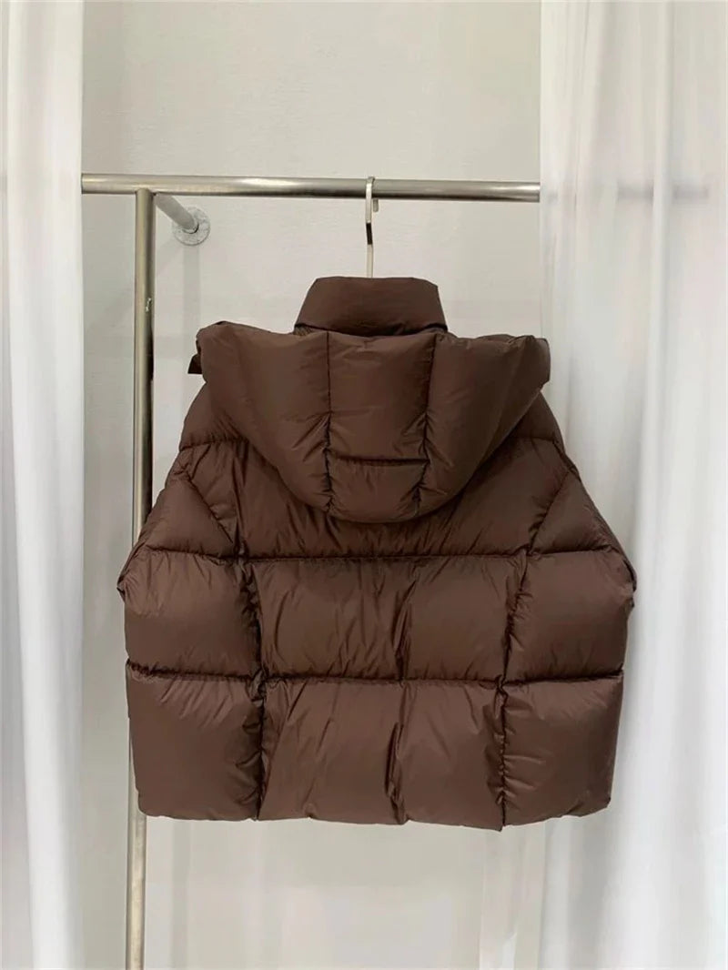 Cropped down coat for women, featuring a luxurious solid design, perfect for streetwear with casual elegance during winter.