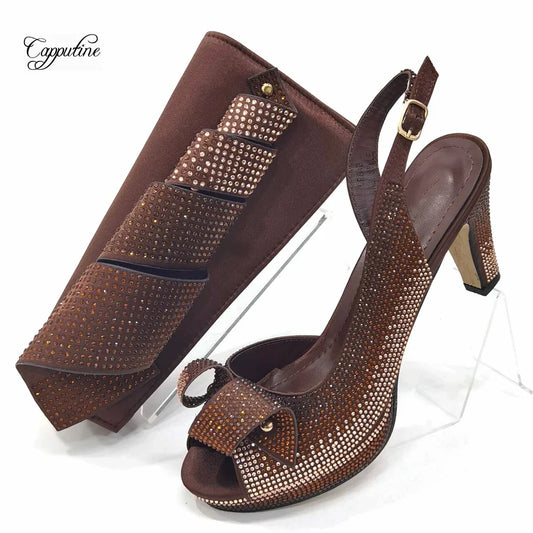 Elegant African women's high heel sandals with crystal detail, featuring a peep toe design, perfect for summer parties.